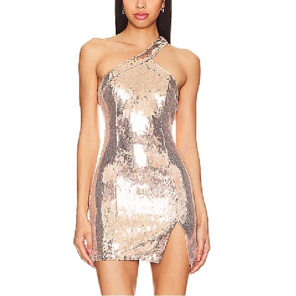Superdown cicely mini dress One-Shoulder Sequin rose gold Revolve NWT M